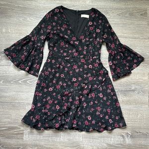 ALTAR’D STATE Black Floral Tiered Ruffle Bell Sleeve Mini Dress NWT